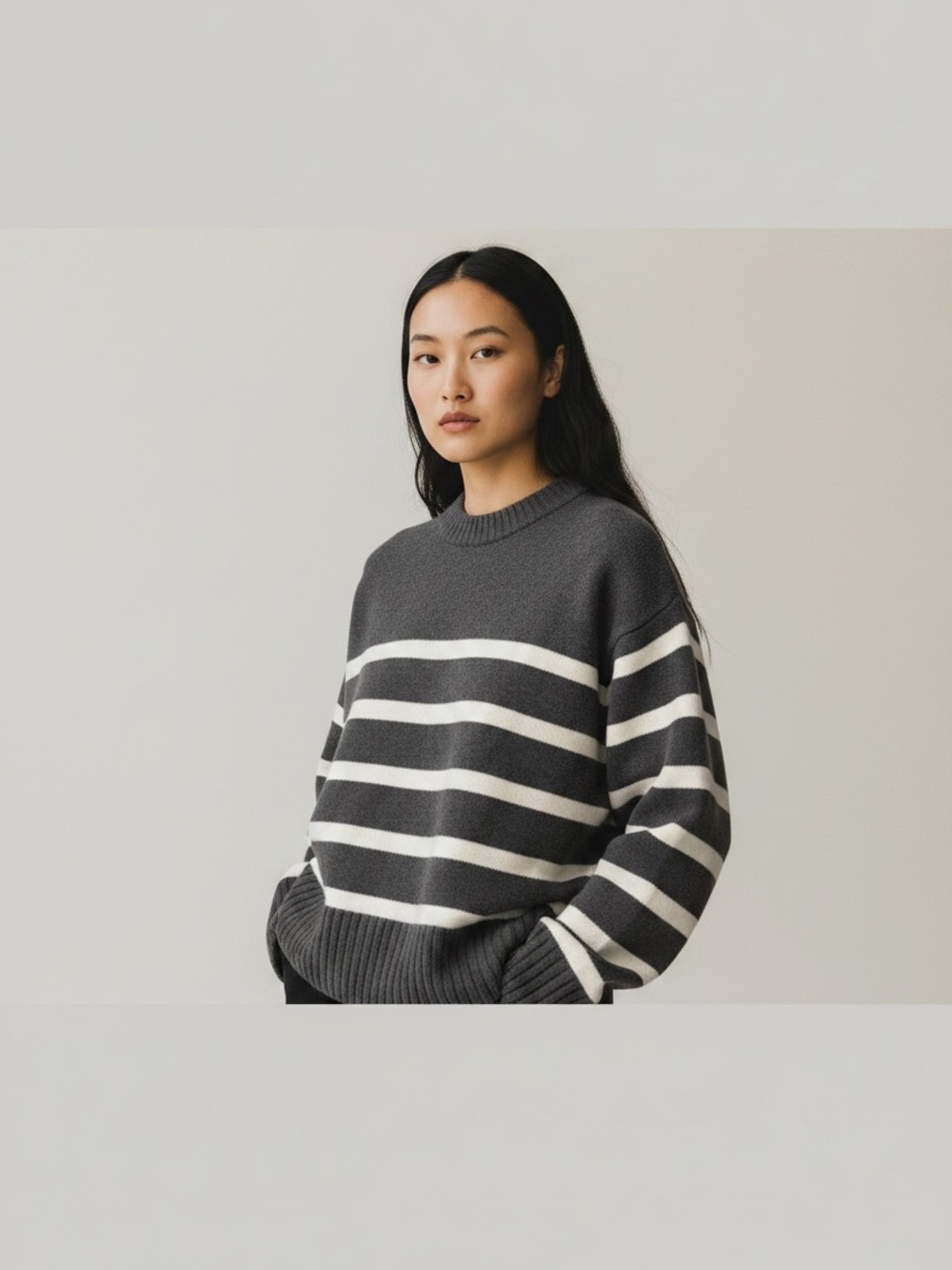 H&M Charcoal & Cream Striped Crewneck Sweater